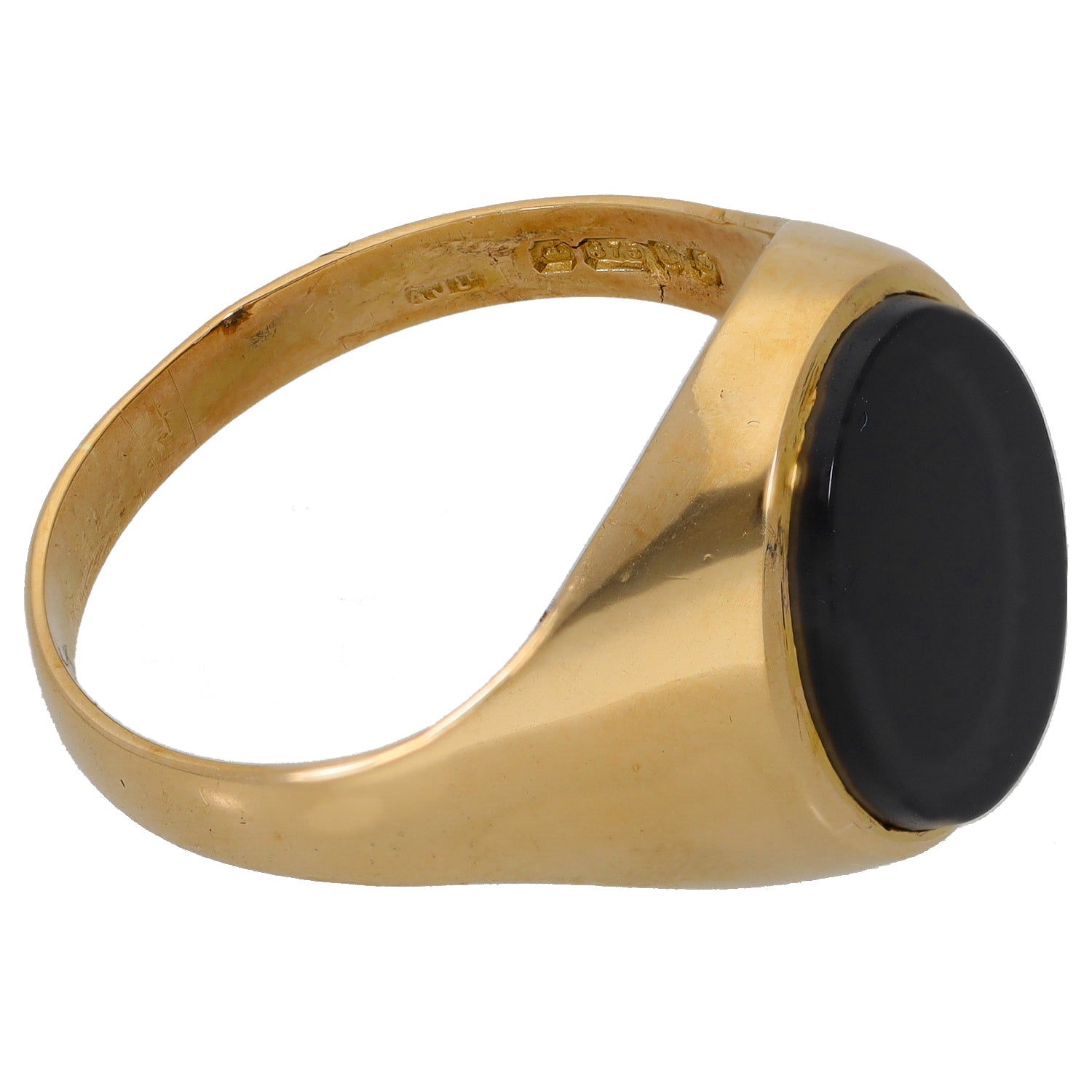 9ct gold signet ring with dark onyx oval face, polished band