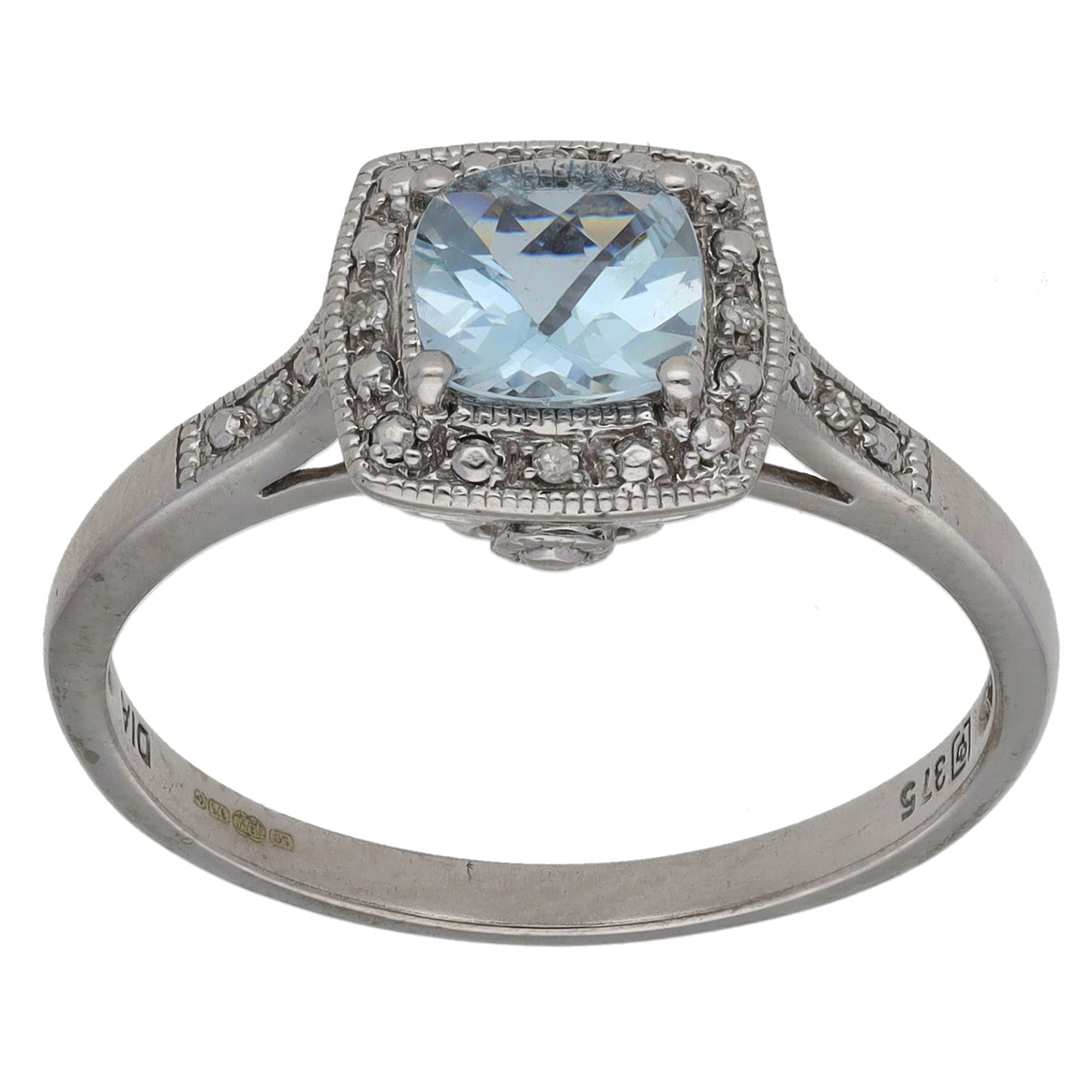 9ct White Gold Aquamarine & 0.03ct Diamond Cluster Ring Size R