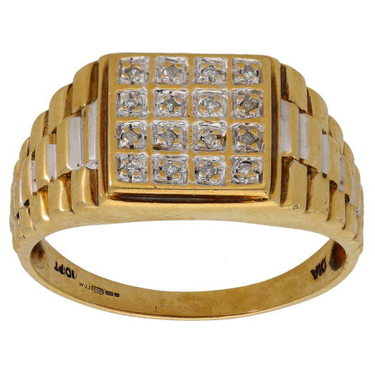 9ct Gold 0.10ct Diamond Patterned Signet Ring Size Z+1