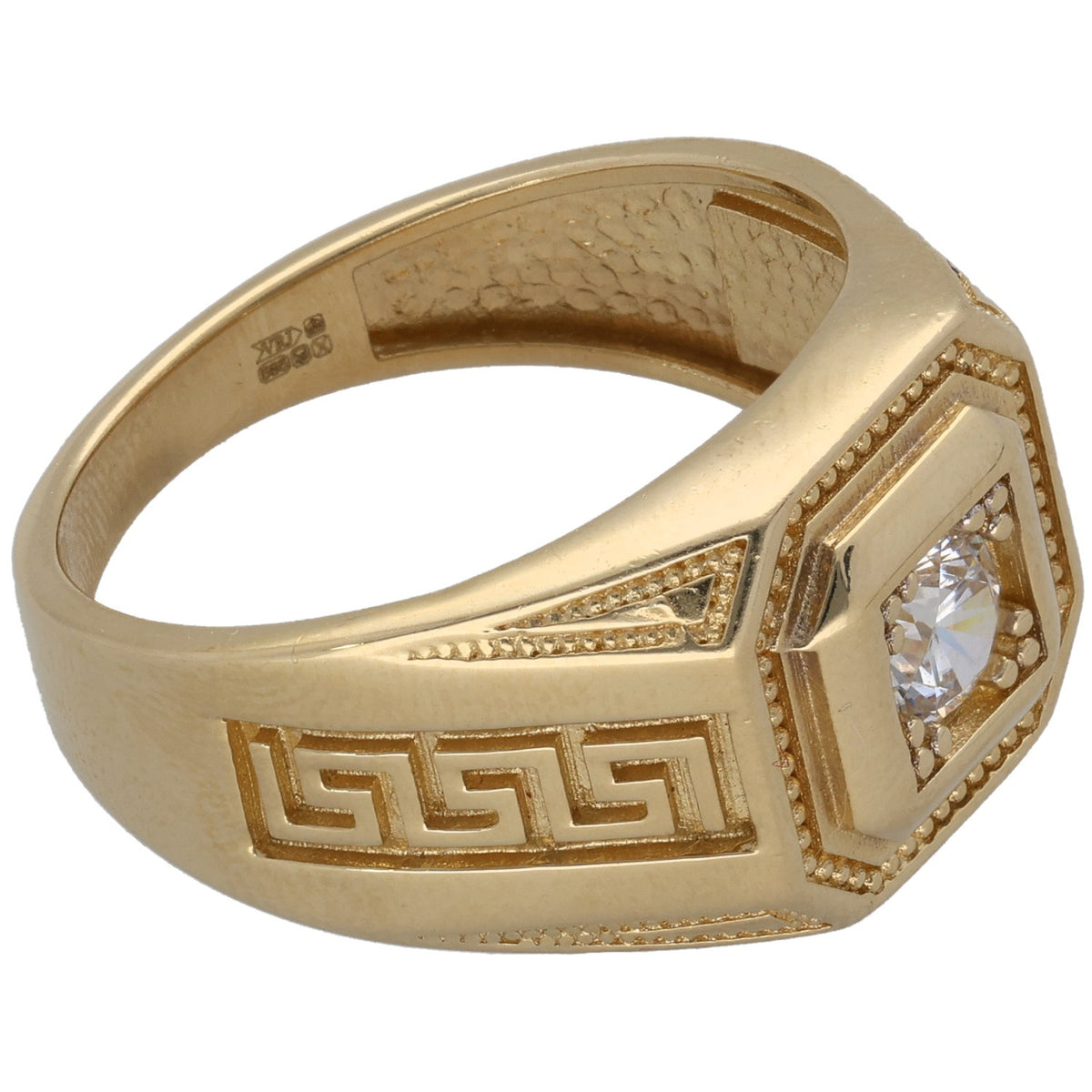 Gold-tone signet ring with engraved Greek key sides and side CZ, brushed interior.