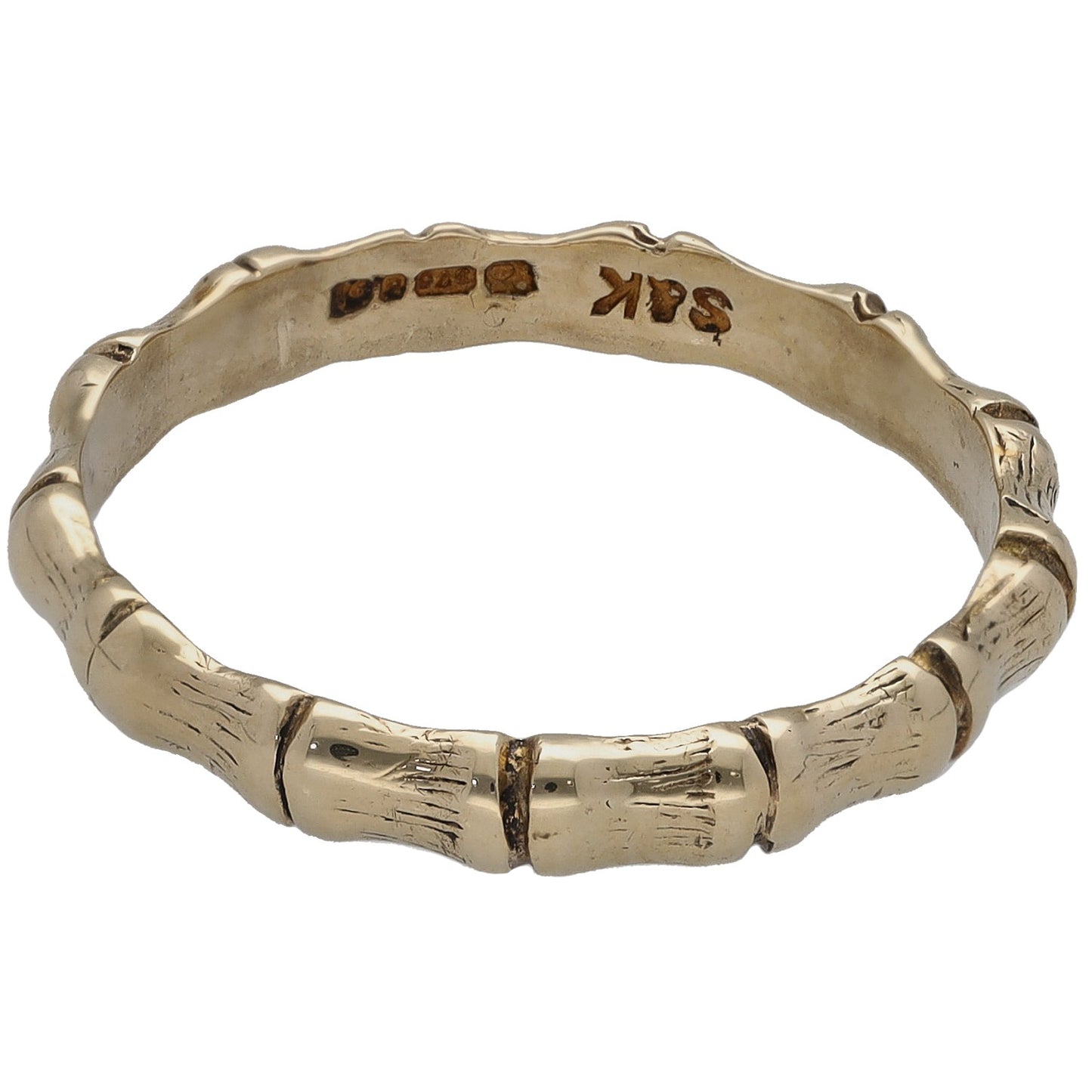 Gold bamboo-style ring band with inner engraving and hallmark marks, polished finish