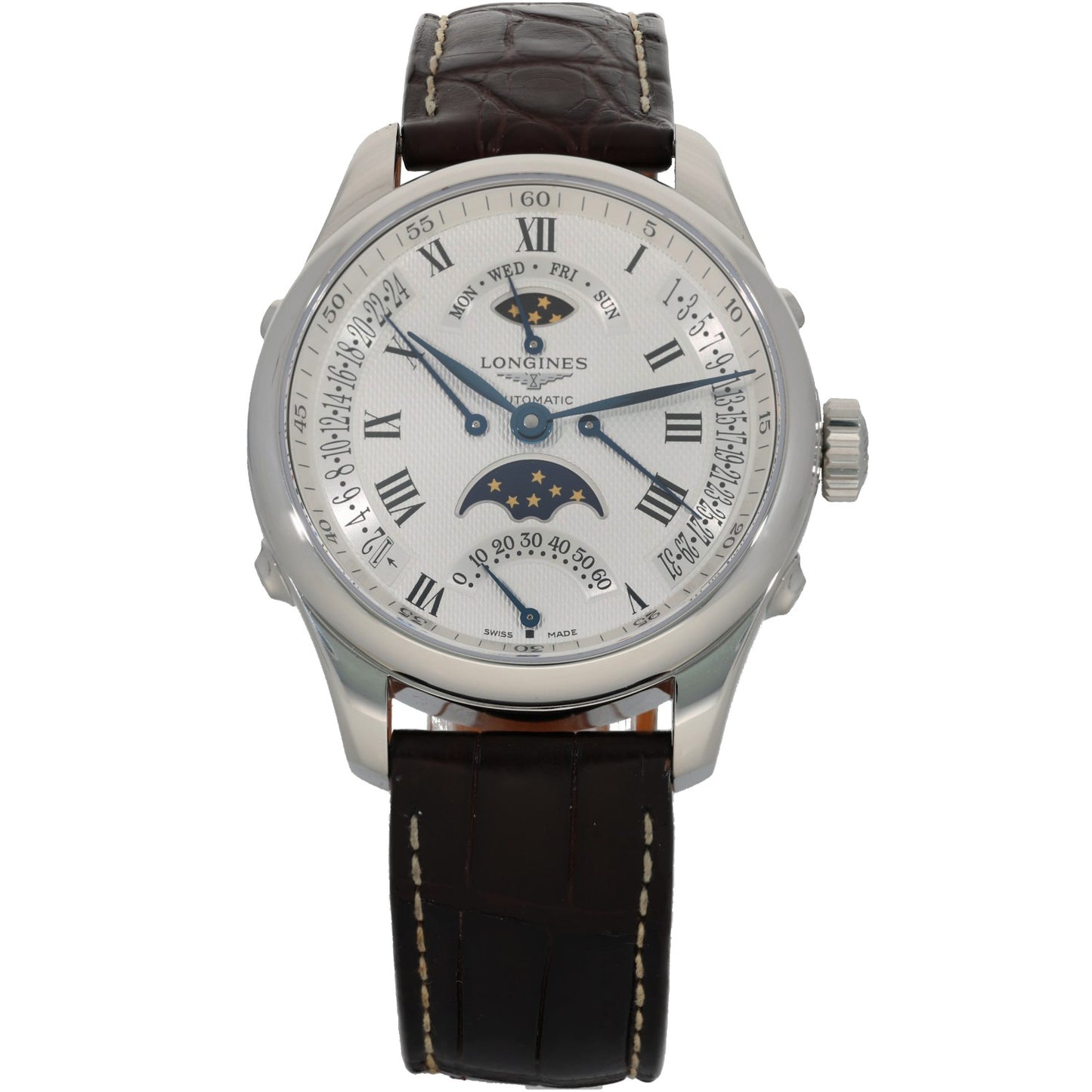 Longines Master Collection Retrograde Moonphase L2.738.4, white dial with brown adged leather strap
