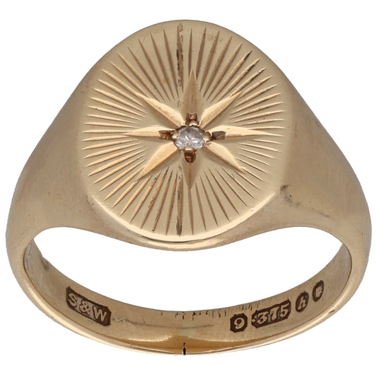 9ct Gold 0.02ct Diamond Patterned Single Stone Signet Ring Size O