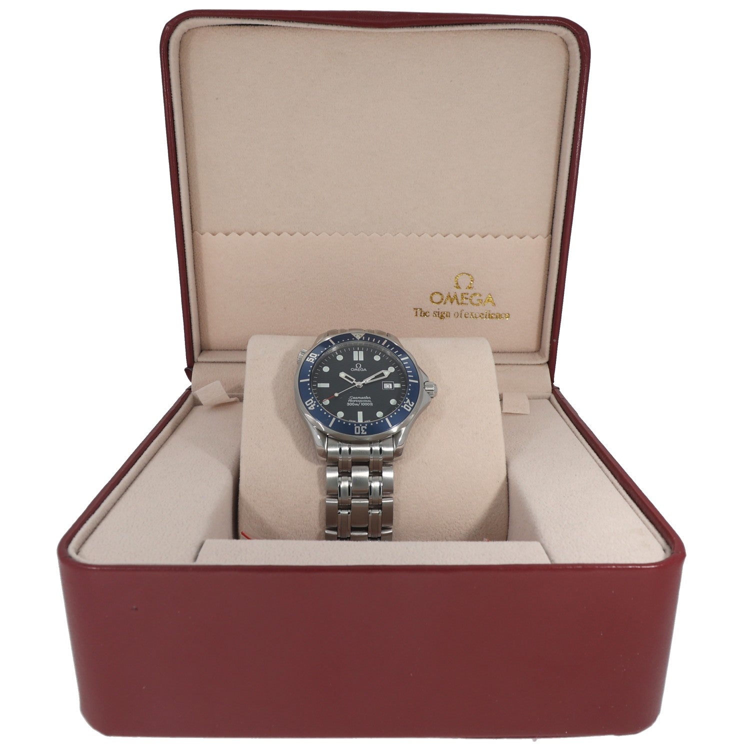 Omega Seamaster 2541.80.00 Stainless steel watch with blue dial in a red presentation box