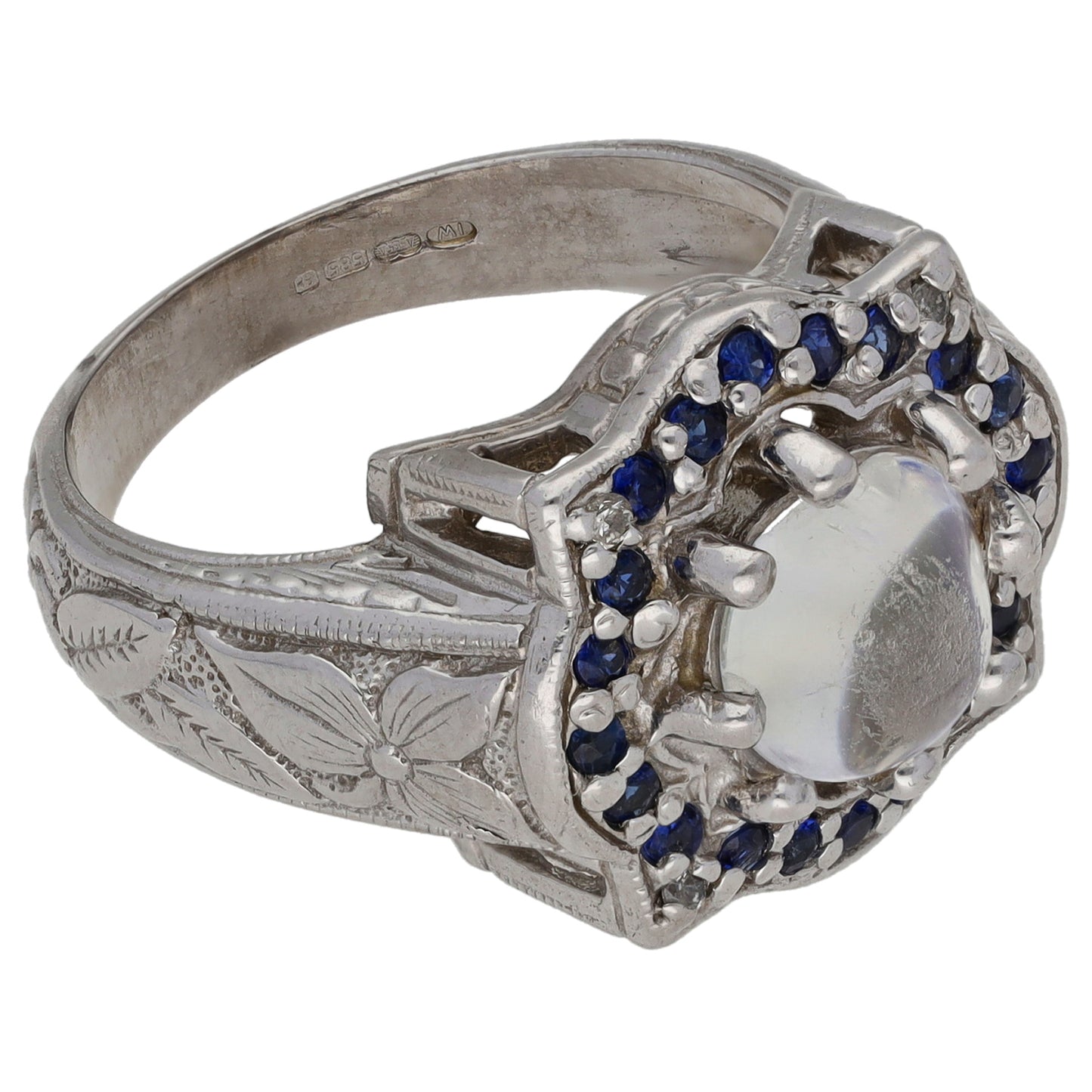 14ct White Gold Moonstone & Sapphire Dress/Cocktail Ring Size P