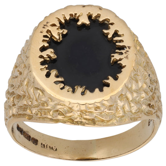 9ct Gold Onyx Patterned Single Stone Signet Ring Size T
