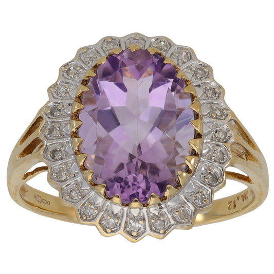 9ct Gold Amethyst & 0.12ct Diamond Dress/Cocktail Ring Size W