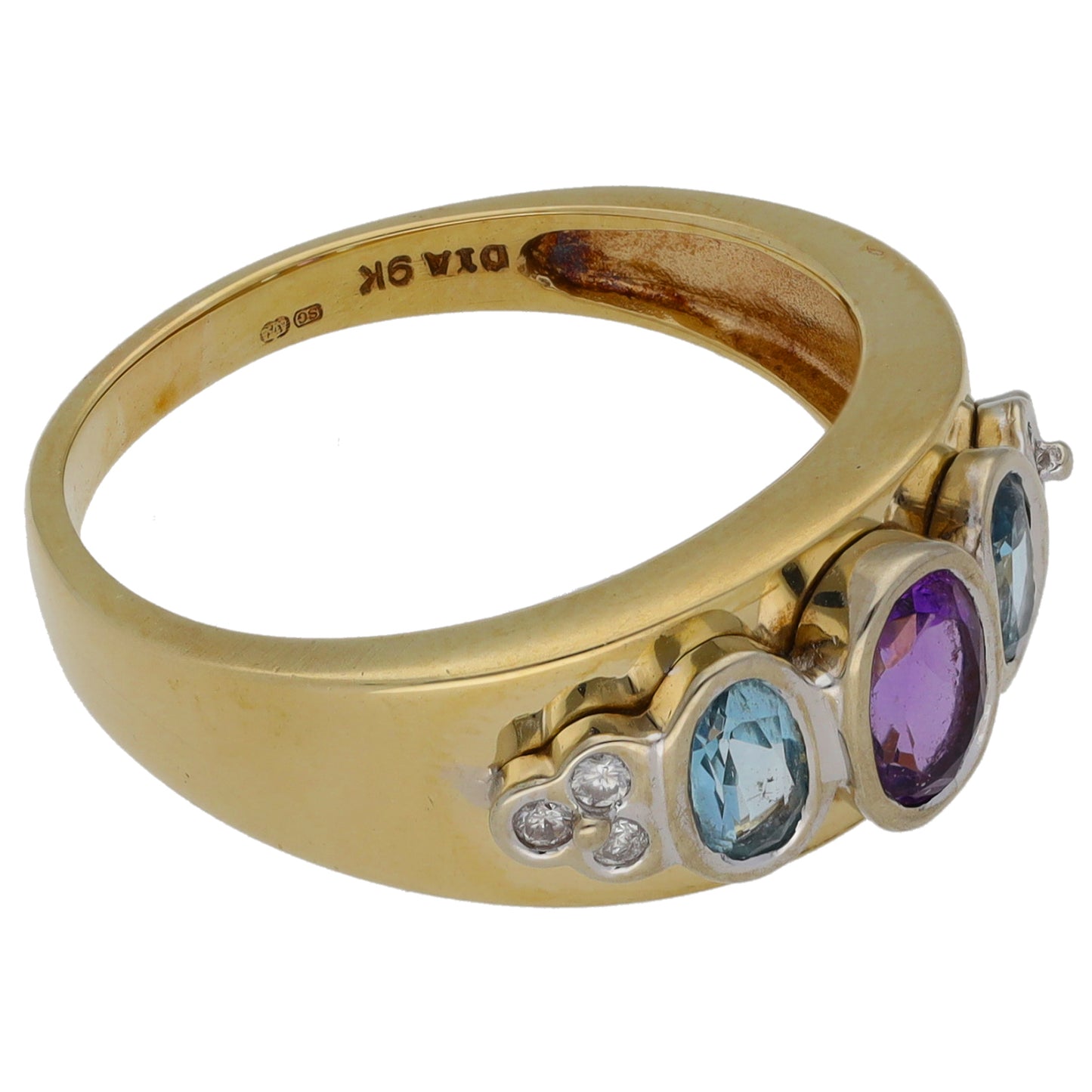 9ct Gold Amethyst, Topaz & 0.06ct Diamond Dress/Cocktail Ring Size O