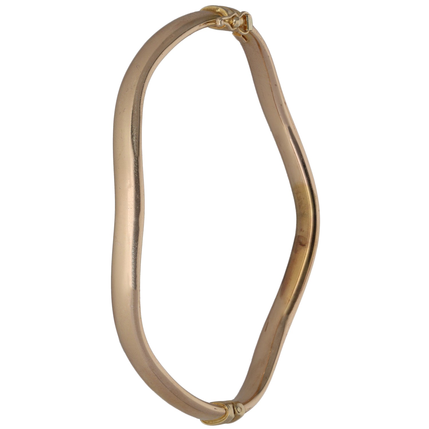 Polished 9ct gold oval bangle with small hinge-and-clasp detail near top