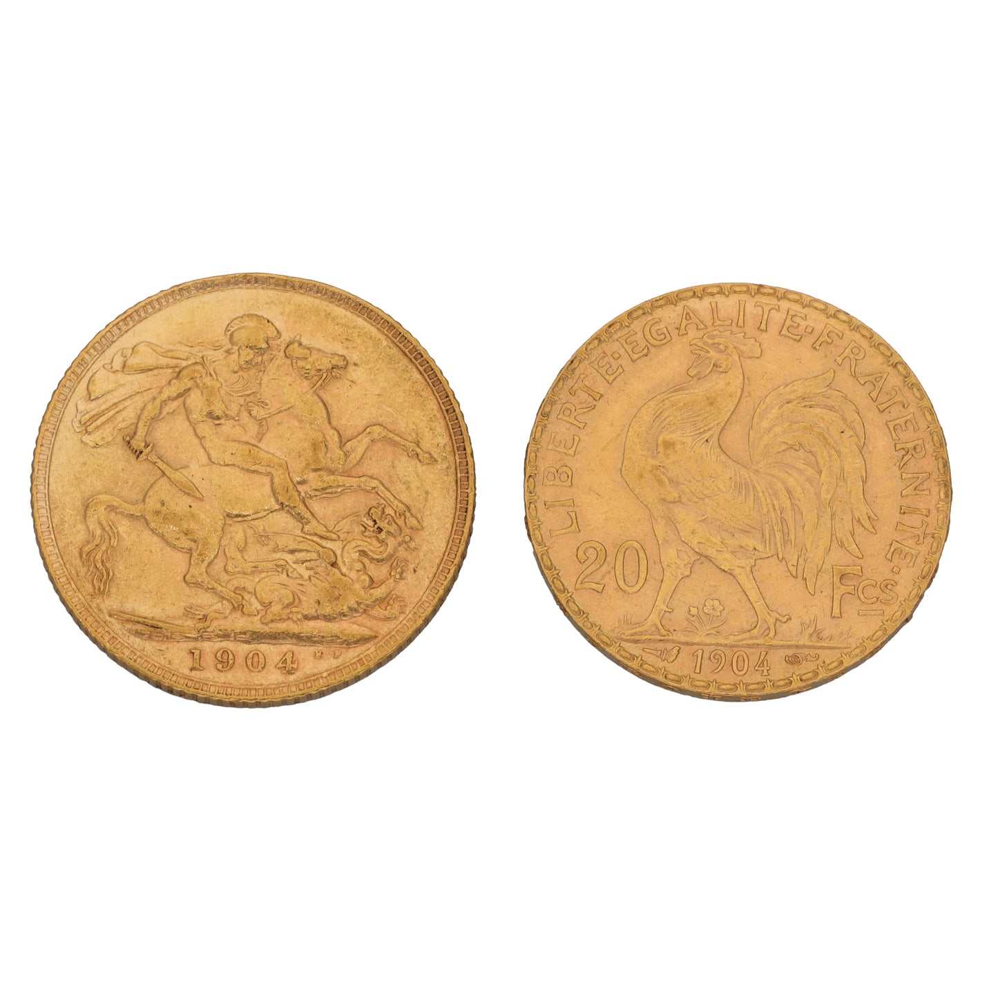 22ct Gold Full Sovereign & 20 Francs Coin 1904