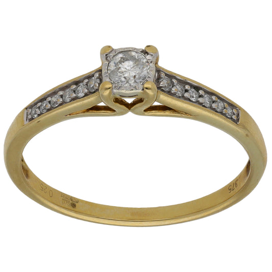 9ct Gold 0.25ct Diamond Solitaire Ring With Accent Stones Size S