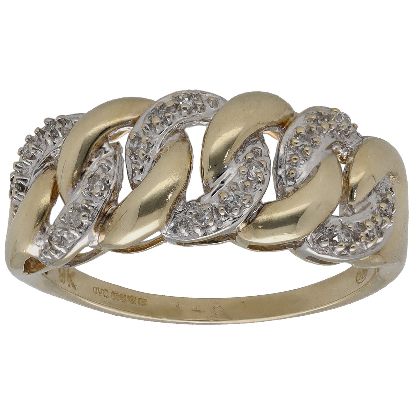 Gold tone interlocking ring with oval stone clusters and a twisted, openwork band.