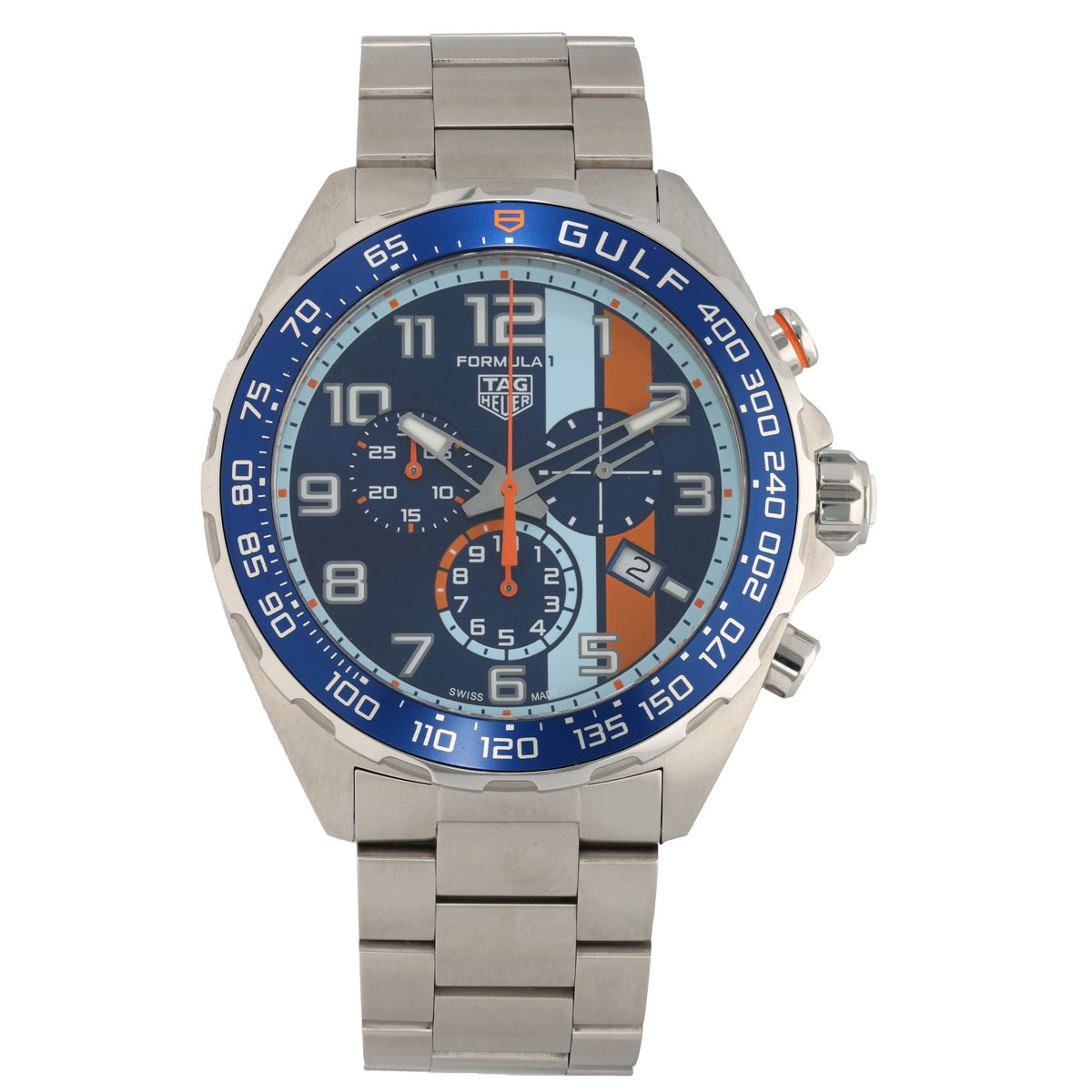 Tag Heuer F1 CAZ101AT Gulf Stainless steel chronograph wristwatch with blue bezel, dark dial, and orange accents