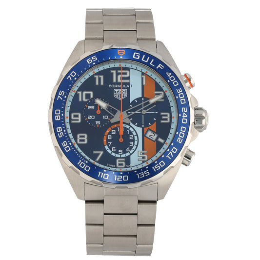 Tag Heuer F1 CAZ101AT Gulf Stainless steel chronograph wristwatch with blue bezel, dark dial, and orange accents