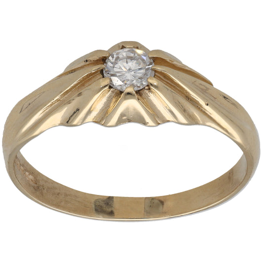9ct gold CZ single-stone ring with round clear center stone and fan shoulders