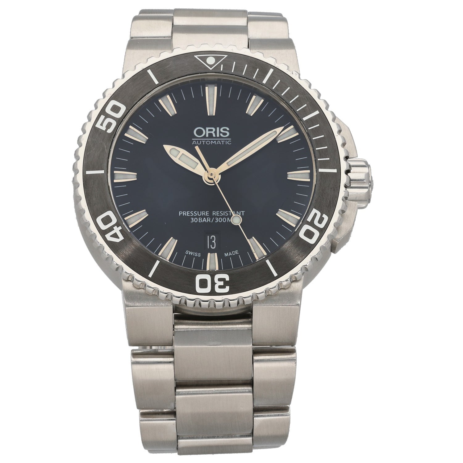 Oris Vintage 7653-04 Stainless steel dive watch with black dial, 2-ring bezel, and metal link bracelet.