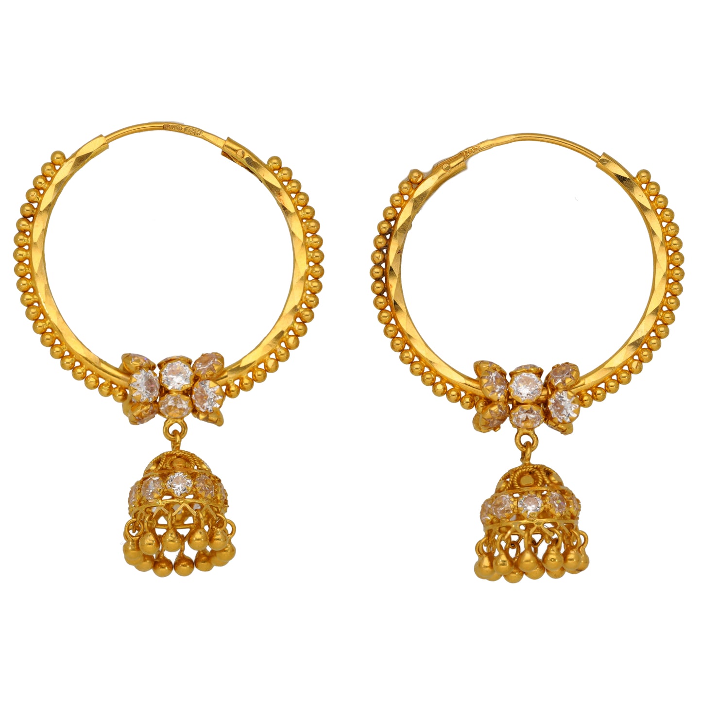 22ct Gold-tone CZ hoop earrings with cluster stones and dangling jhumka charms