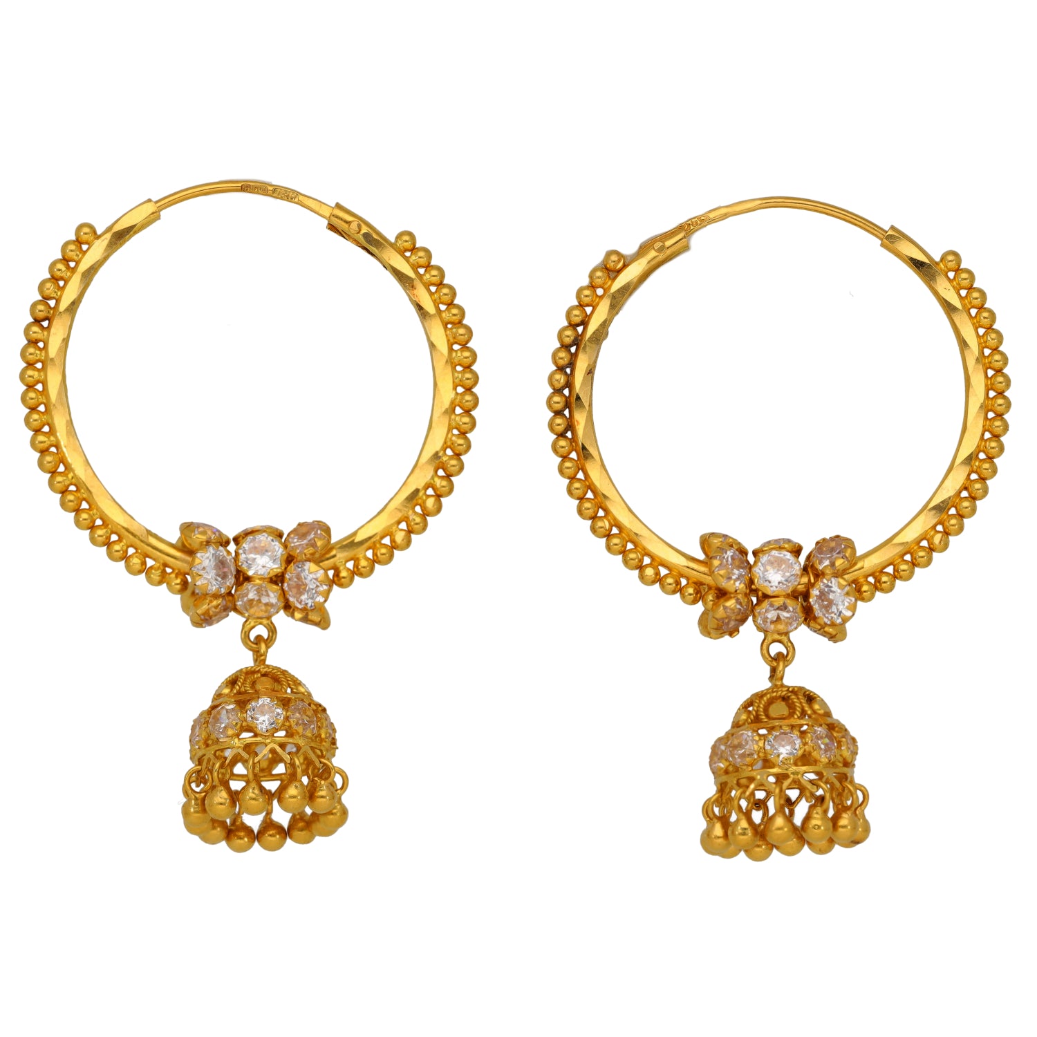 22ct Gold-tone CZ hoop earrings with cluster stones and dangling jhumka charms