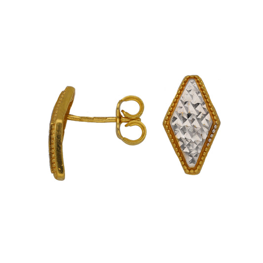 22ct Marquise bicolour gold stud earrings with faceted silver-toned center, textured border