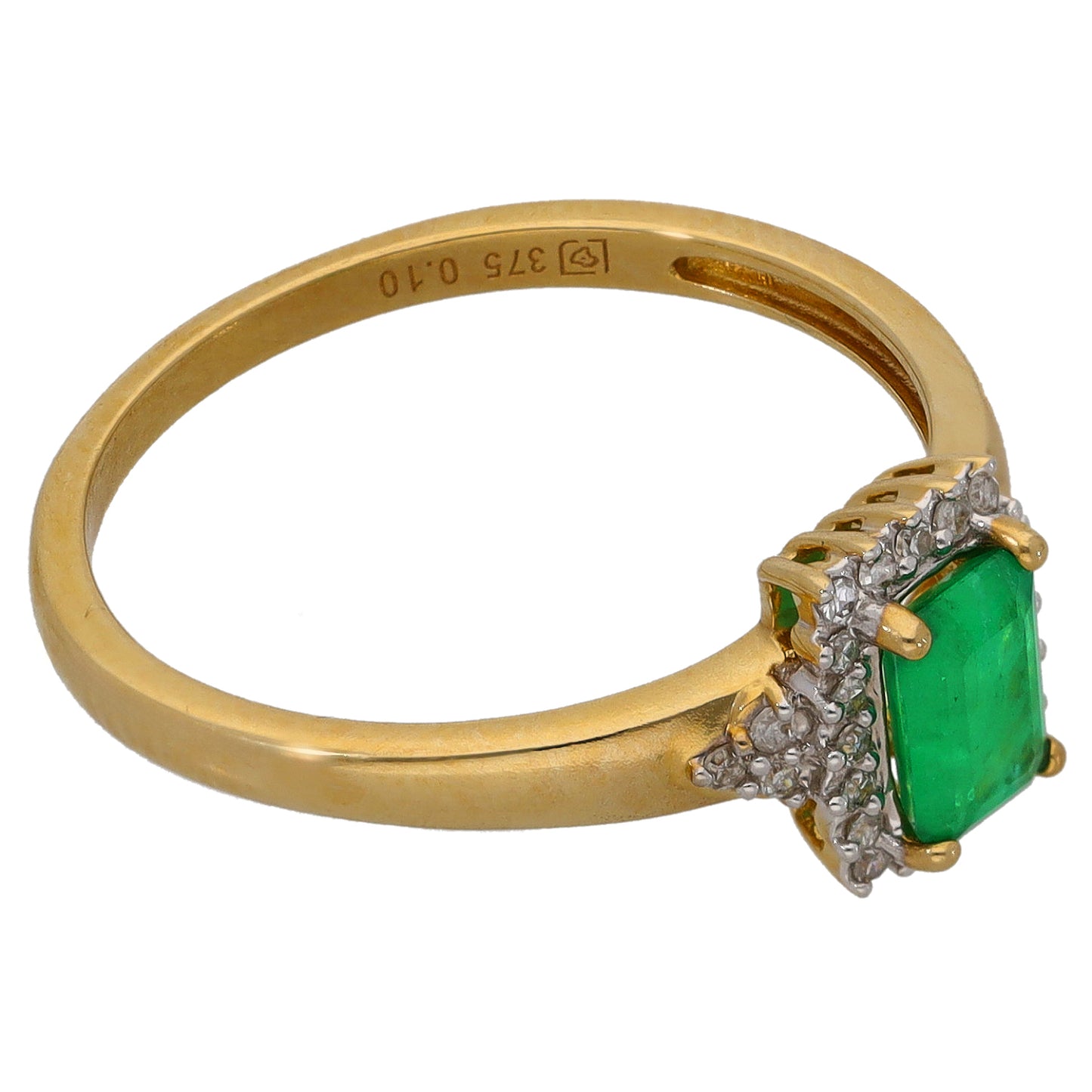 9ct gold ring side view with square emerald stone and diamond cluster, band engraving
