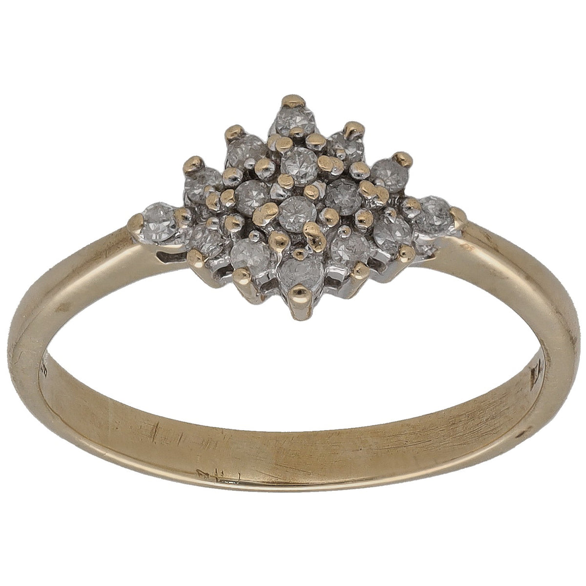 9ct gold round diamond cluster ring with small bezel-set stones, openwork head