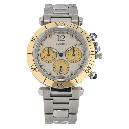 Cartier Pasha W3101155, with gold bezel on a 38mm stainless steel case and bracelet with blue sapphire crystal