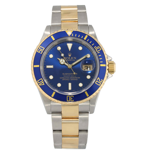 Rolex bi-colour Submariner wristwatch with blue dial, gold bezel accents, steel/gold bracelet