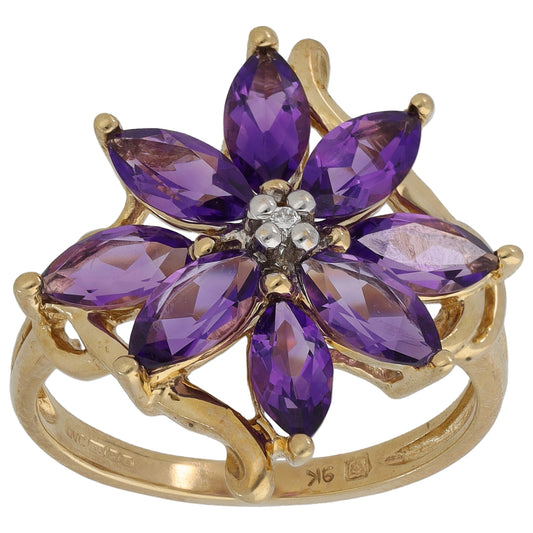 9ct Gold Amethyst & 0.01ct Diamond Cluster Ring Size Q