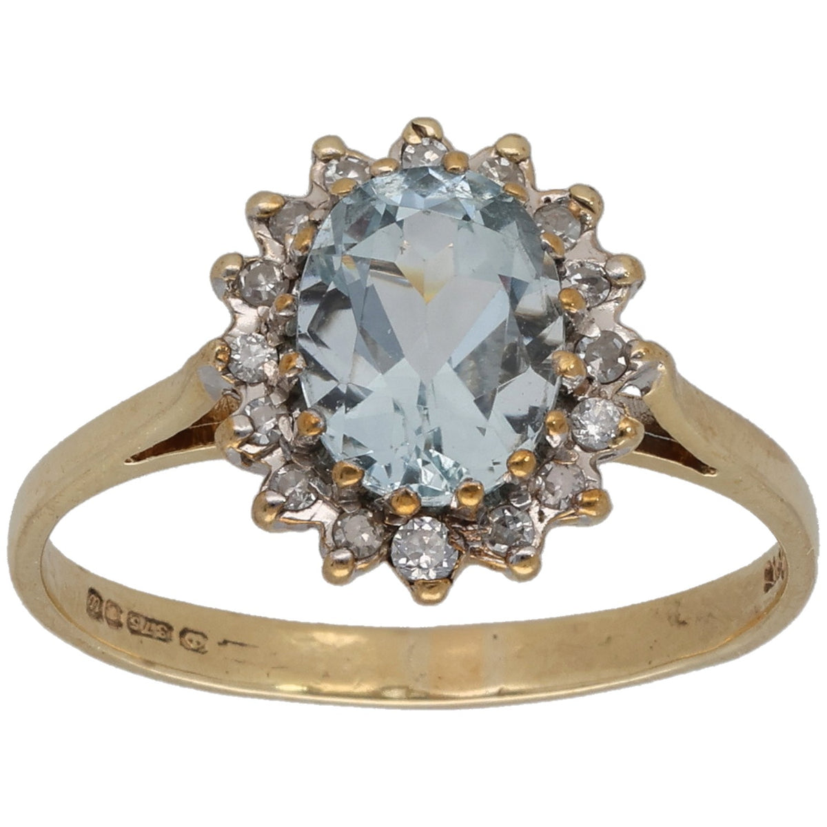 9ct gold dress ring with oval aquamarine and diamond halo, round stones