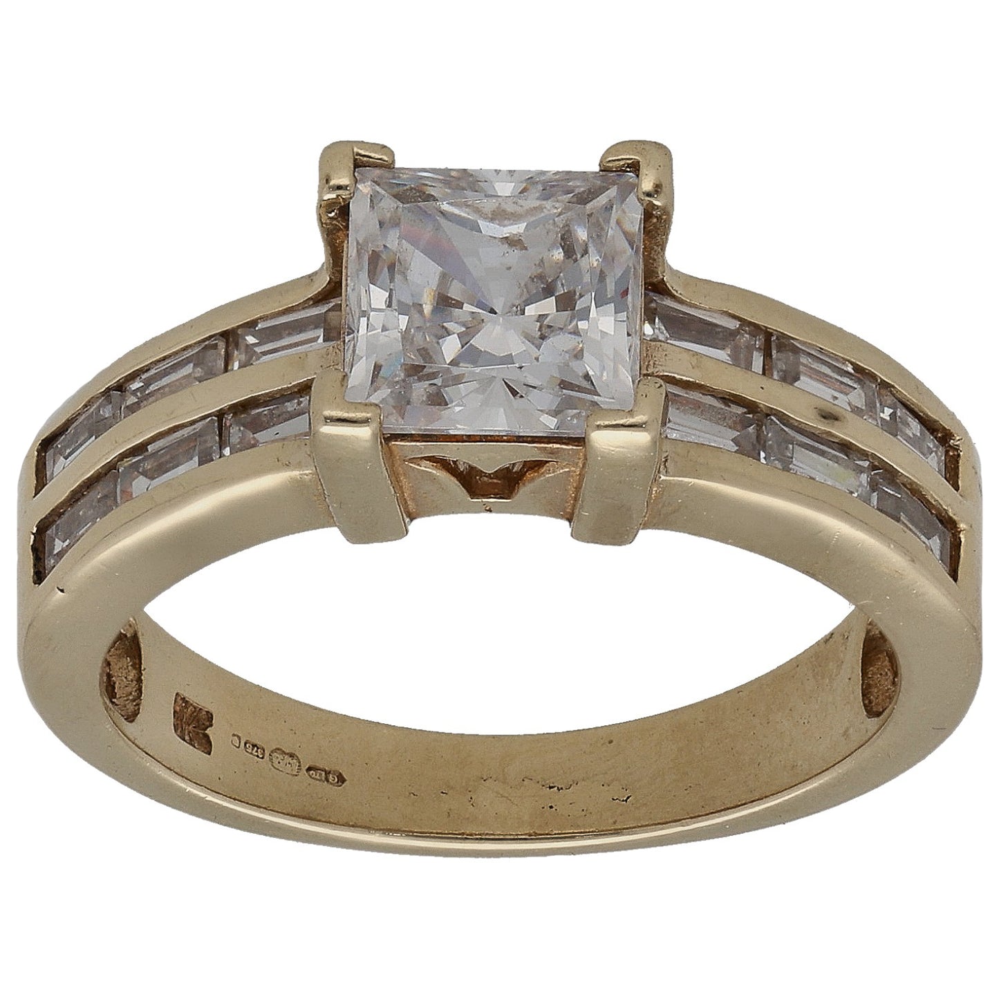 Gold CZ ring with square center stone and side baguette accents