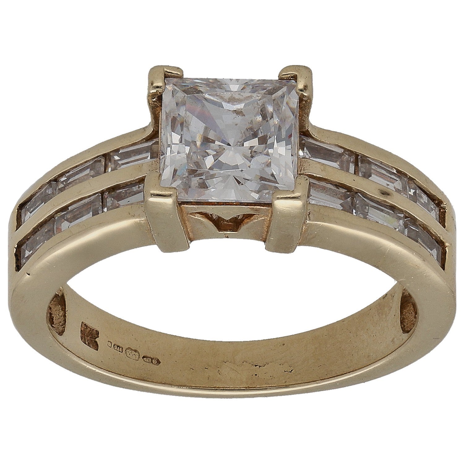 Gold CZ ring with square center stone and side baguette accents