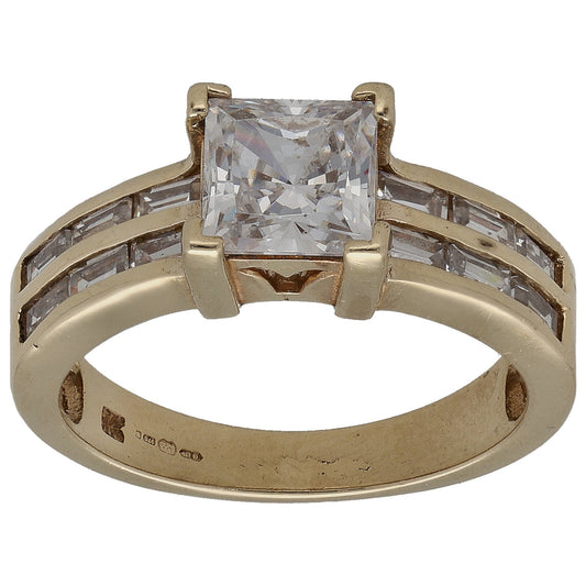 Gold CZ ring with square center stone and side baguette accents