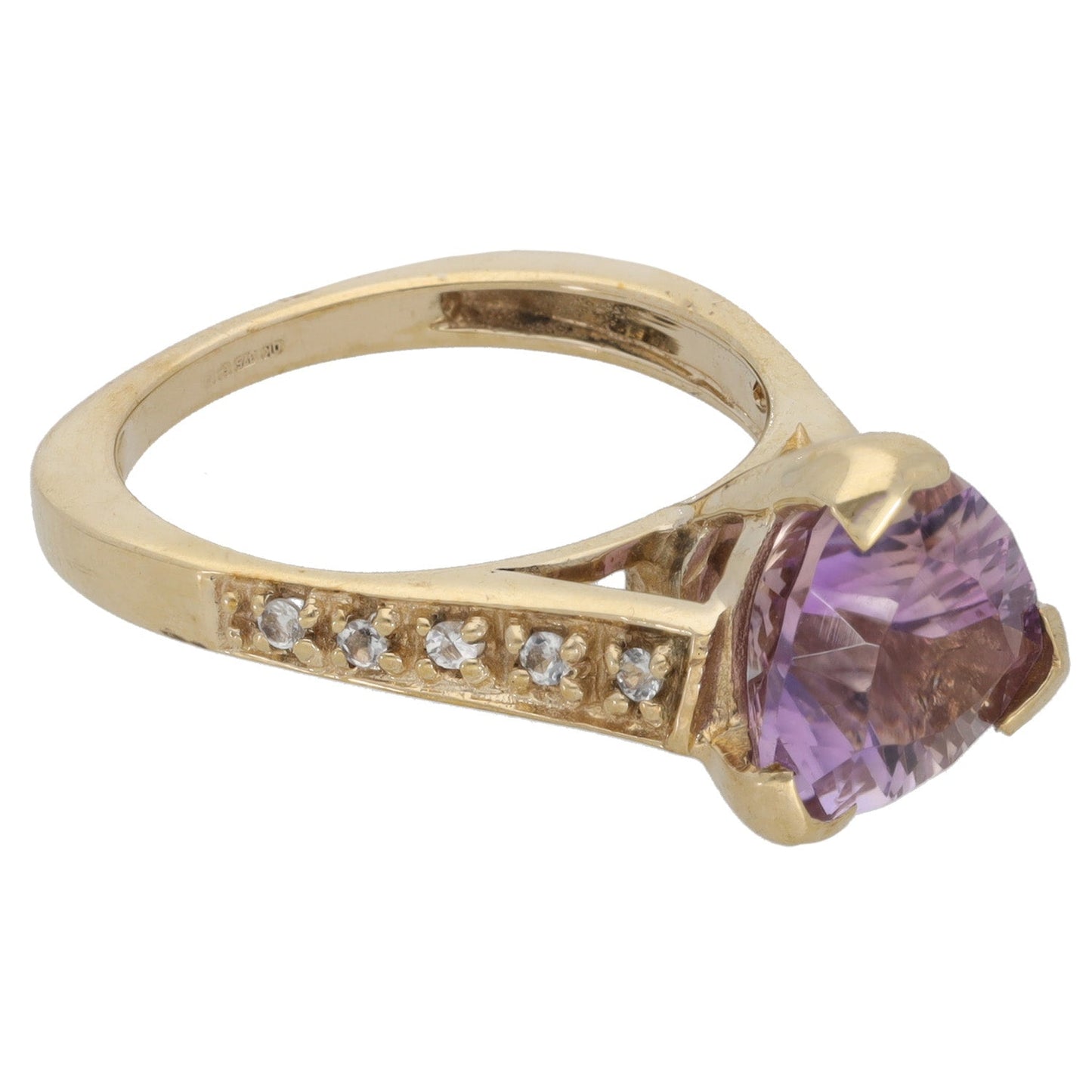 9ct Gold Amethyst & Topaz Single Stone Ring with Accent Stones Size N