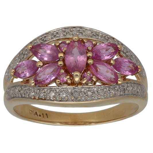 9ct Gold 0.11ct Diamond & Pink Sapphire Dress/Cocktail Ring Size P