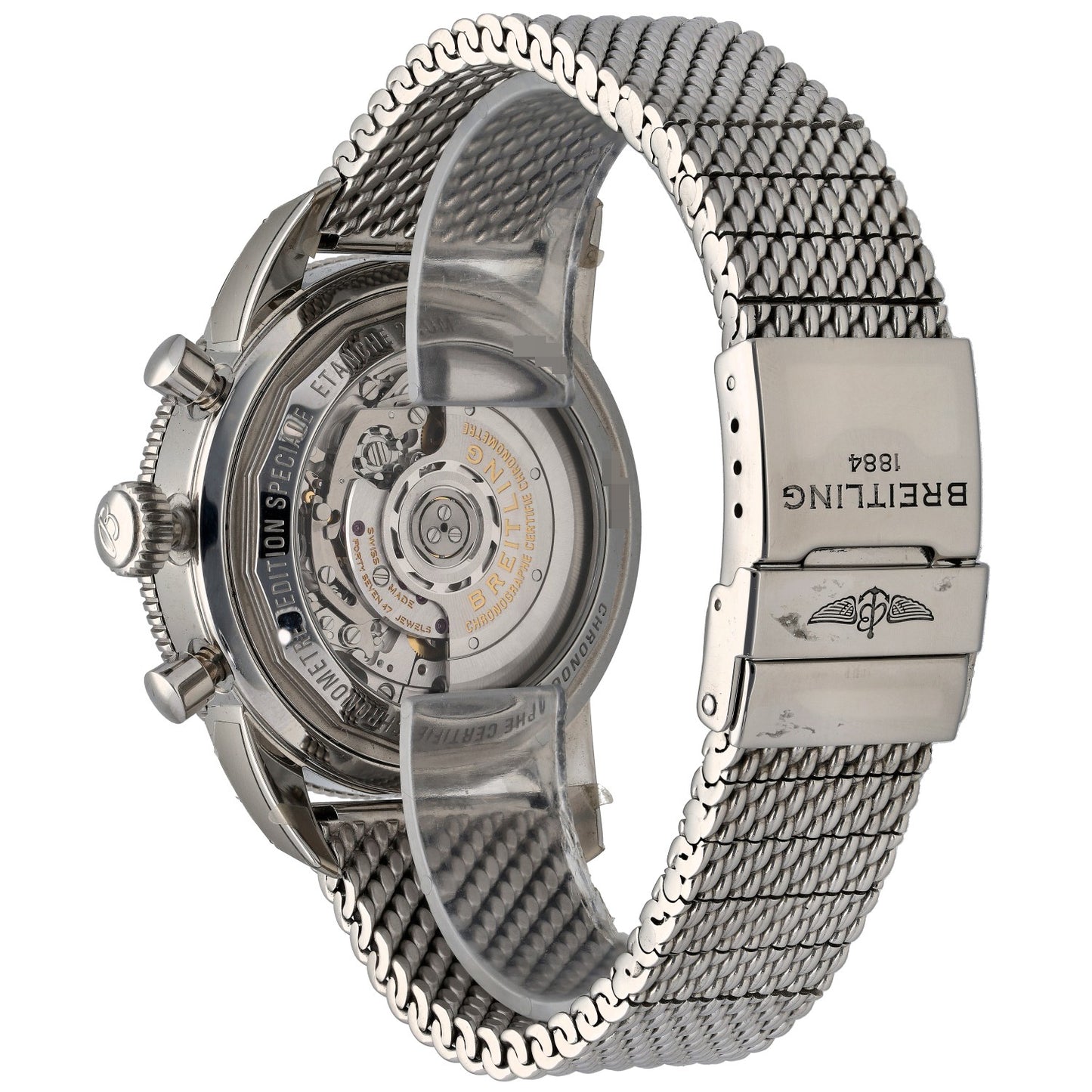 Breitling Superocean Heritage B01 AB0162 Stainless steel watch with transparent caseback and metal mesh bracelet, crown and pushers