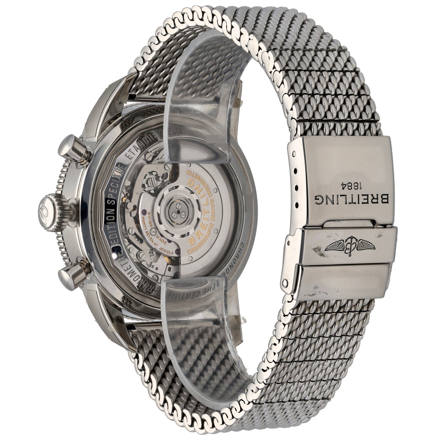 Breitling Superocean Heritage B01 AB0162 Stainless steel watch with transparent caseback and metal mesh bracelet, crown and pushers