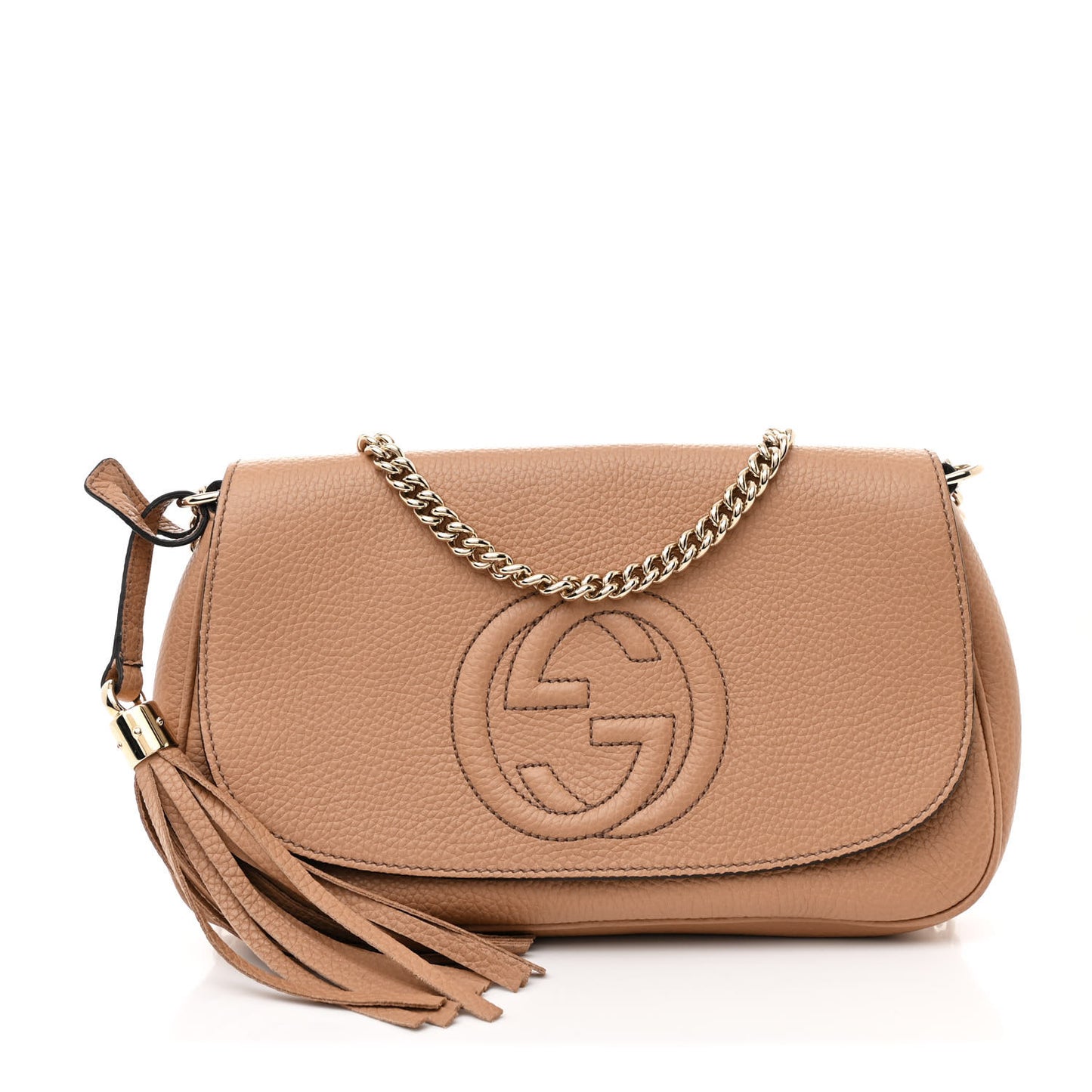 Gucci Soho Flap Shoulder Pebbled Calfskin Bag - Caramel