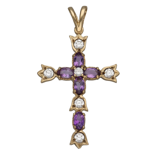 9ct Gold Amethyst & Cubic Zirconia Cross Pendant