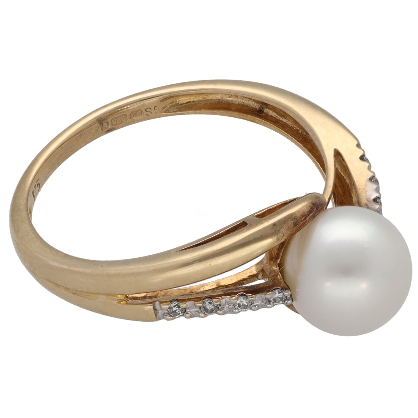 9ct Gold 0.04ct Diamond & Cultured Pearl Dress/Cocktail Ring Size P