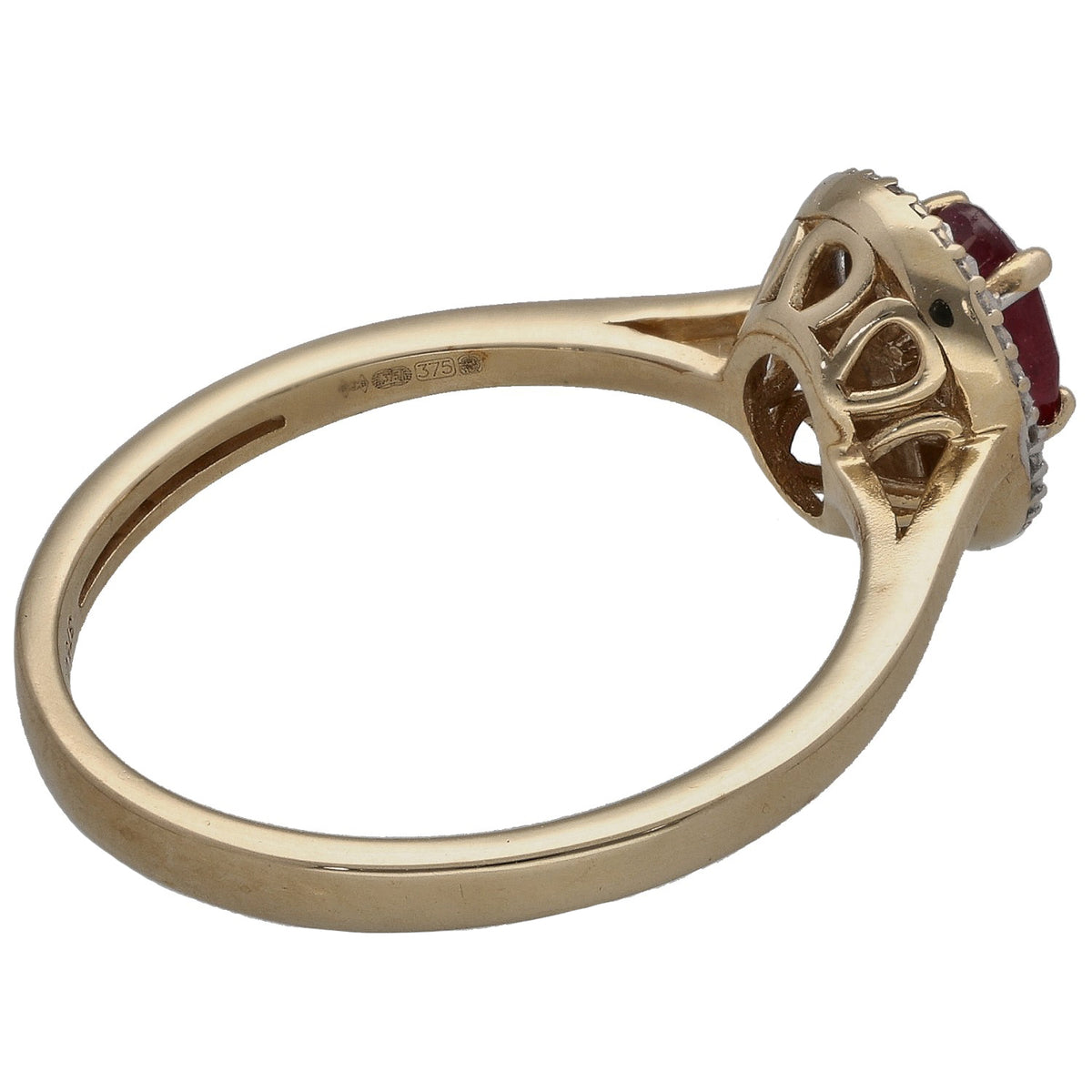 9ct gold ruby and diamond solitaire ring with open side setting and ruby top