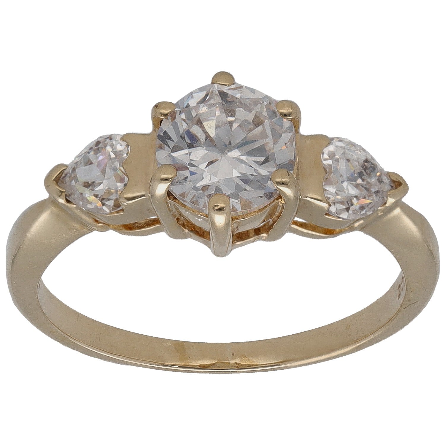 Gold CZ ring with large central stone and two side stones