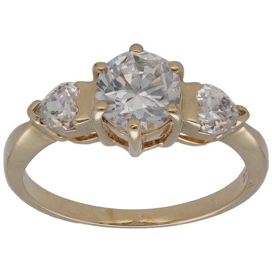 Gold CZ ring with large central stone and two side stones