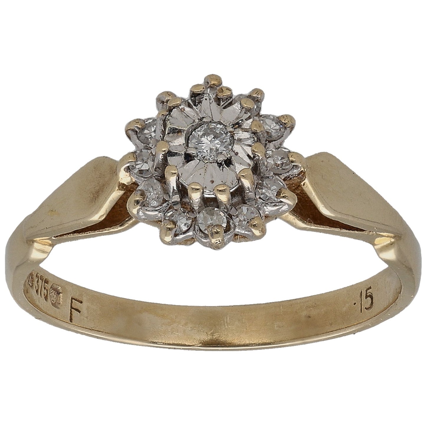 Gold 9ct ring with round diamond cluster and small pave stones on band