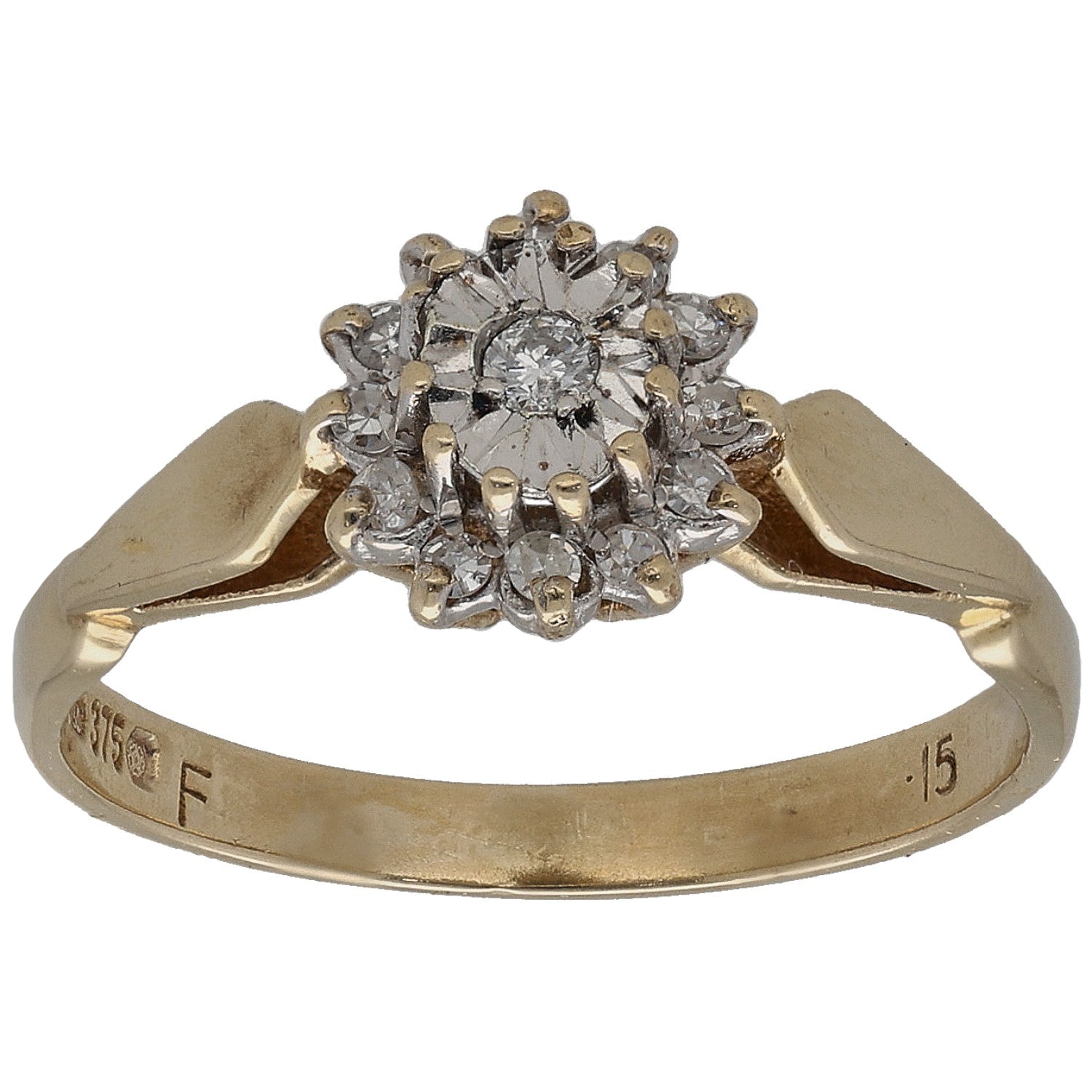 Gold 9ct ring with round diamond cluster and small pave stones on band