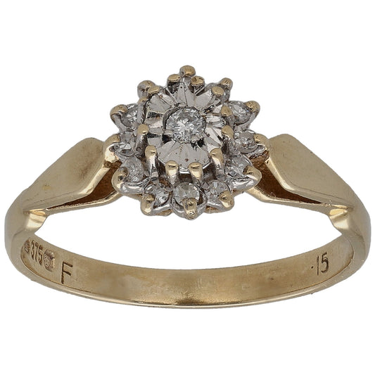 Gold 9ct ring with round diamond cluster and small pave stones on band