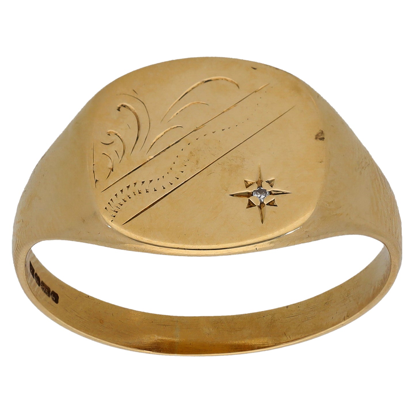 9ct Gold 0.005ct Diamond Patterned Signet Ring Size W