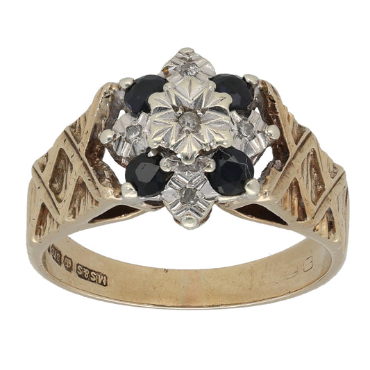 9ct Gold Sapphire & 0.05ct Diamond Cluster Ring Size O