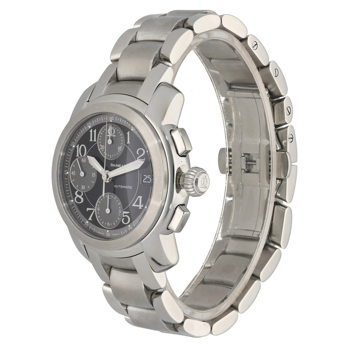 Baume Et Mercier Capeland 3715038, black dial with sub dials, stainless steel case and bracelet, crown front angle