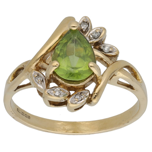 9ct Gold Peridot & 0.03ct Diamond Dress/Cocktail Ring Size O