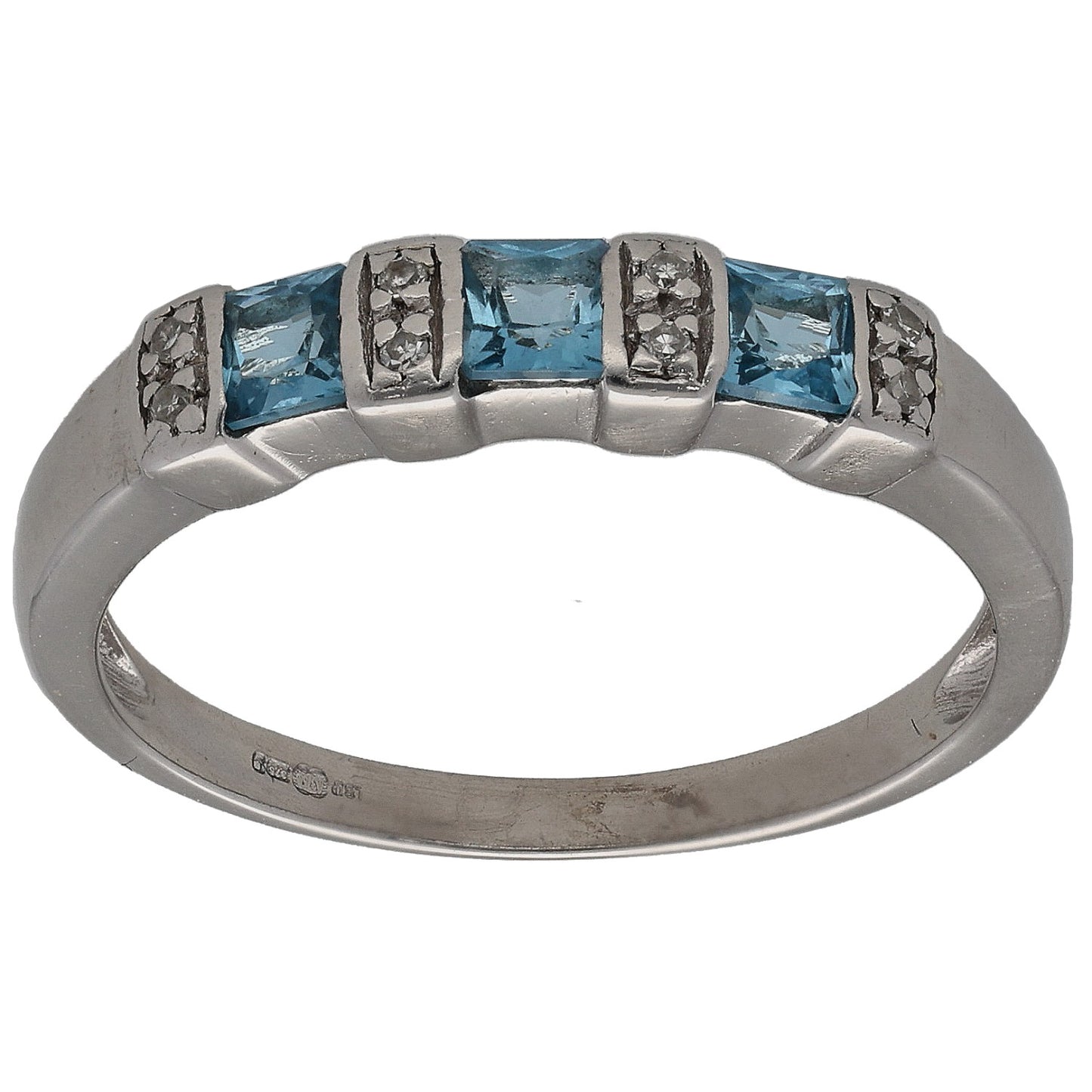 Half eternity ring with square blue topaz stones and small round diamond accents